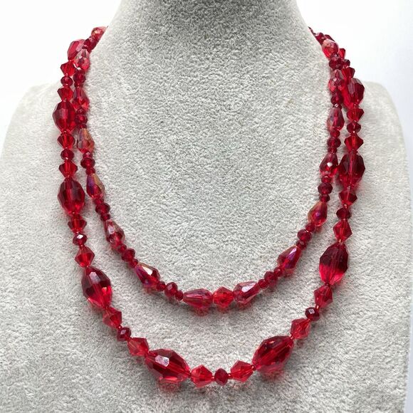 Artisan Red Glass Beaded Two Layer Necklace Statement Stunning One of a Kind - Picture 1 of 7